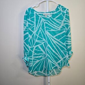 Banana Republic Women's Small Teal Geometric Print Long Sleeve Top Blouse‎